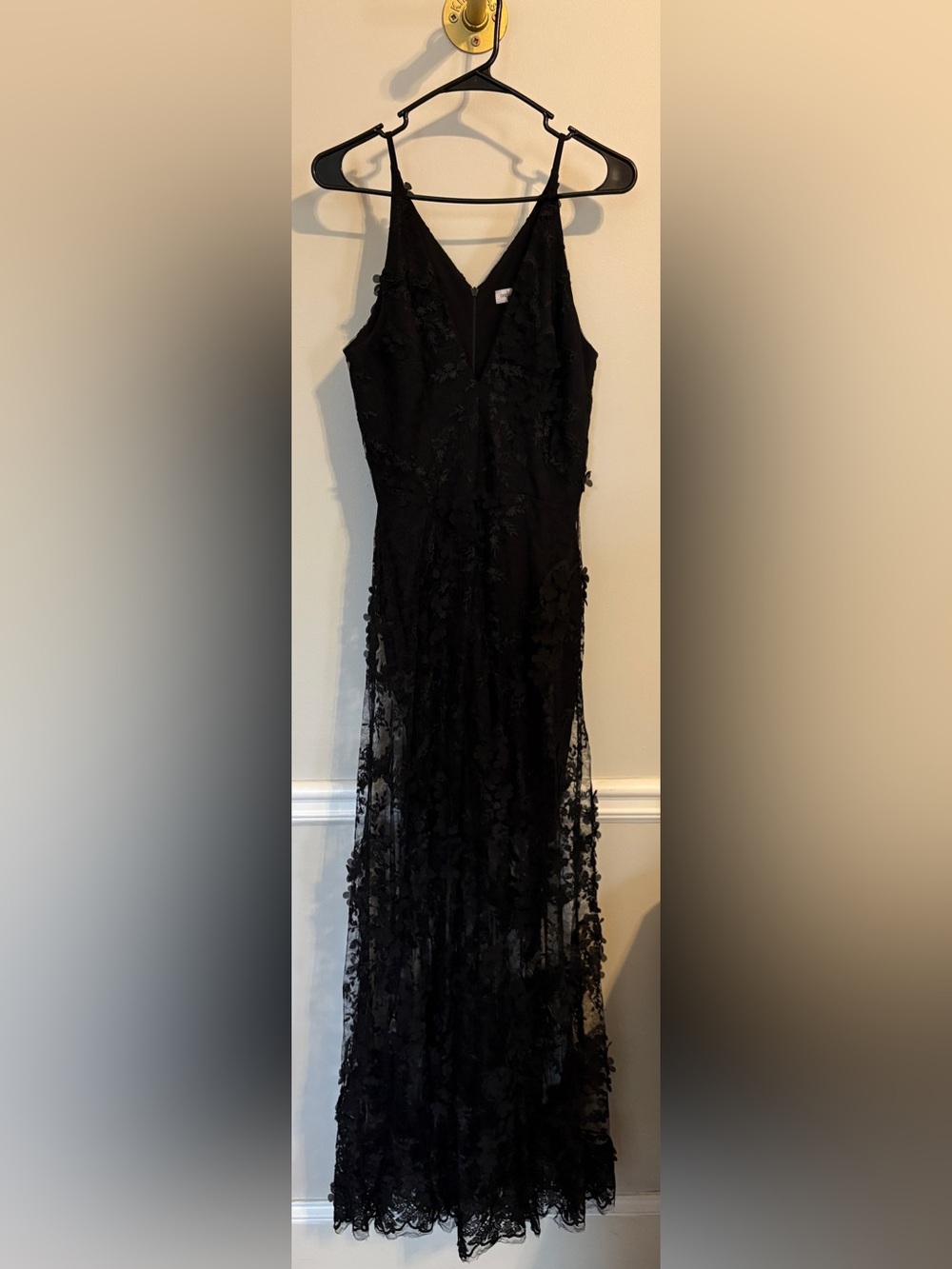 Dress The Population Black 3D Floral Applique Mesh Overlay Maxi Dress Size S